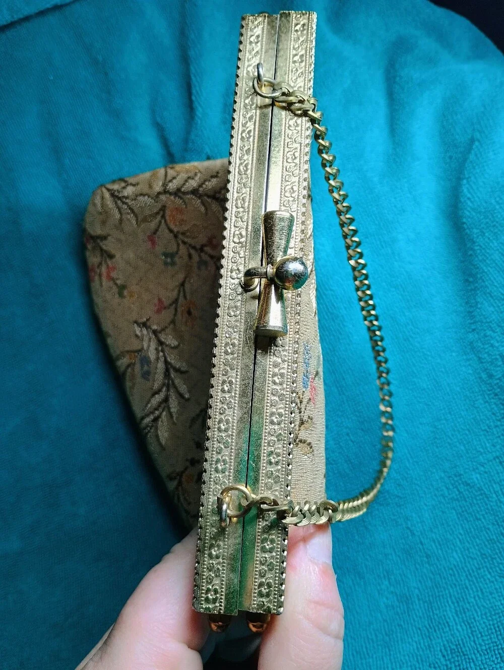 Vintage Floral Tapestry Evening Bag with Gold Frame